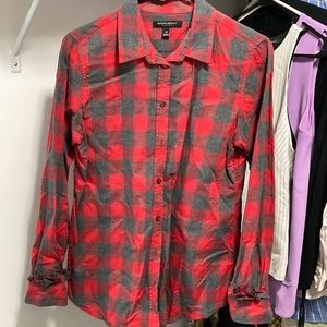 BR cotton plaid button up with ruffle wrist detail.